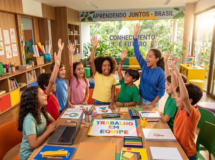 Crianças comemorando juntas depois de uma atividade em equipe